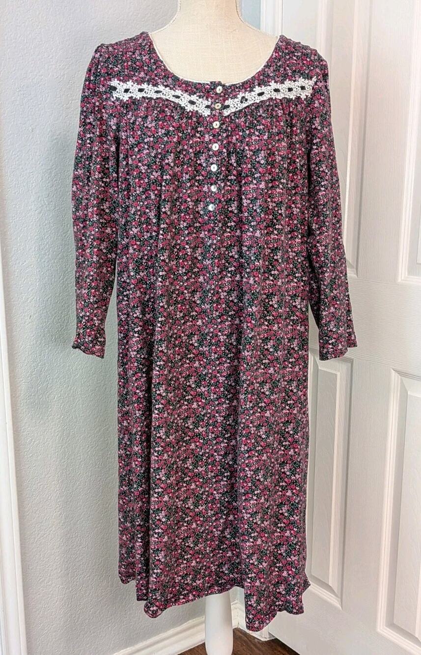 Eileen West Women Nightgown LARGE Pink Floral Cotton Long Sleeve Modest Cottage